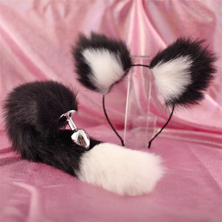 40cm black tailed white pointed bicolor fun plush hair clip with ear role-playing metal anal plug expansion - Random Unicorn