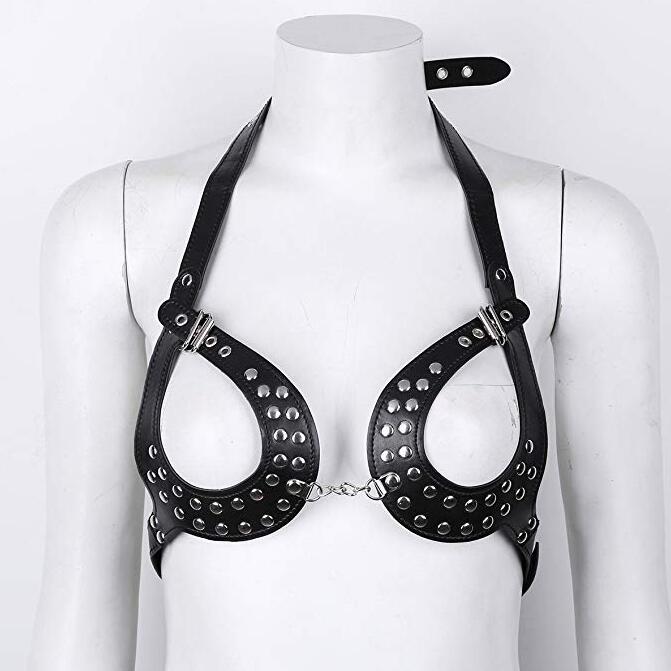 Women's Sexy Gothic Open Cup Cage Bra Faux Leather Adjustable Body Chest Harness Belt Lingerie - Random Unicorn