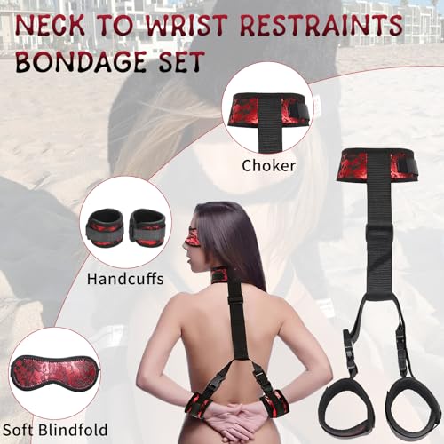 BDSM Neck to Wrist Restraints Bondage Set - Behind Back Handcuffs Collar with Blindfold Adjustable Bondage Set Bed SM Games Play Sex Toys for Couples - Random Unicorn