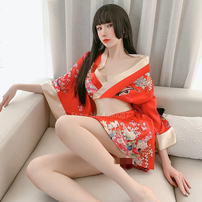 Japanese Kimono Dress for Women Cardigan Sexy Floral Print Yukata Asian Obi Sleepwear Traditional Geisha Robe Vintage Clothes - Random Unicorn