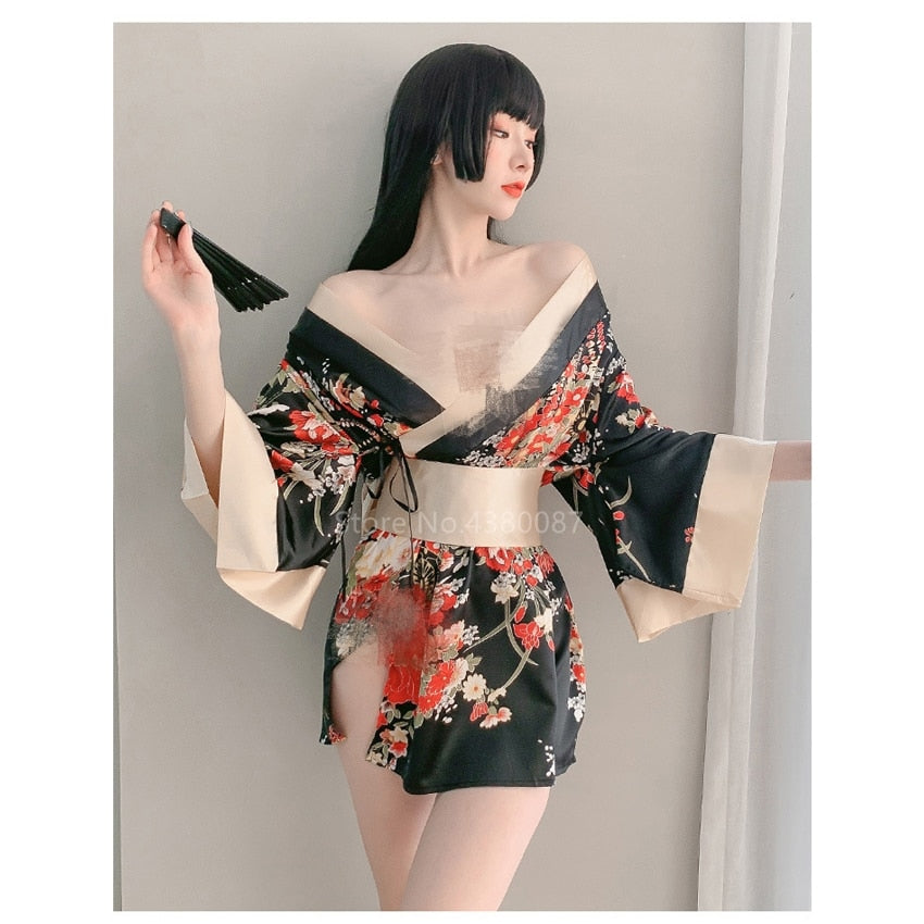 Japanese Kimono Dress for Women Cardigan Sexy Floral Print Yukata Asian Obi Sleepwear Traditional Geisha Robe Vintage Clothes - Random Unicorn