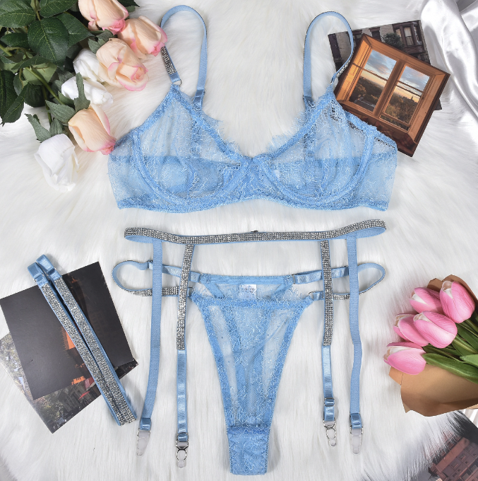 Eyelash Lace Hot Drill Ribbon Sexy Perspective Four-piece Sexy Lingerie Set With Steel Ring - Random Unicorn