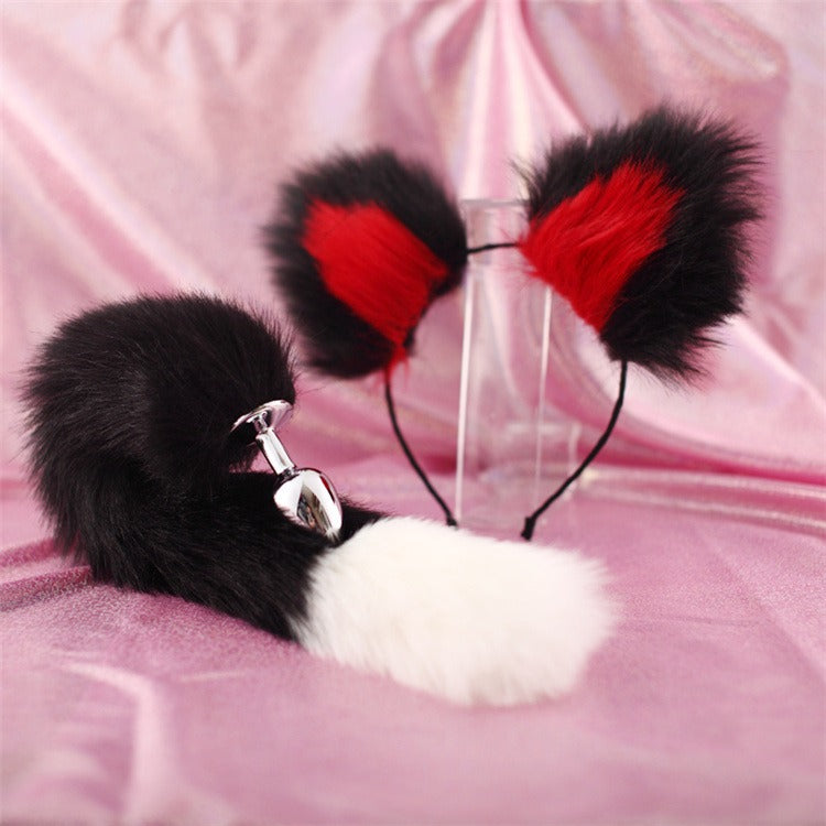 40cm black tailed white pointed bicolor fun plush hair clip with ear role-playing metal anal plug expansion - Random Unicorn