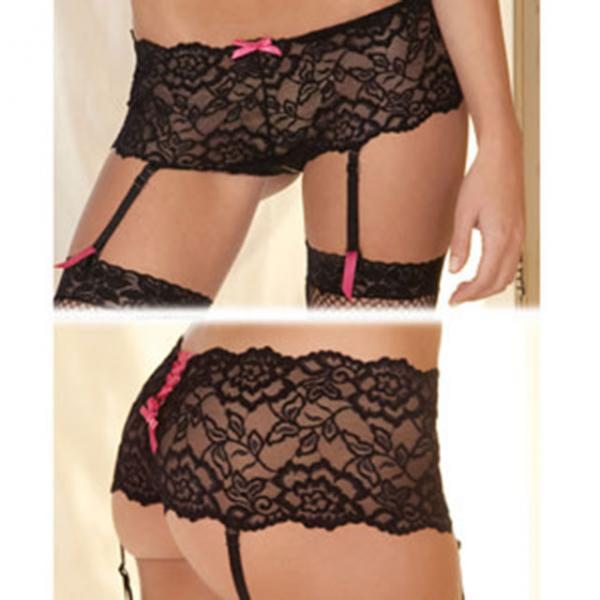 Lace Crotchless Boyleg with Removable Garters in Black M/L Rene Rofe