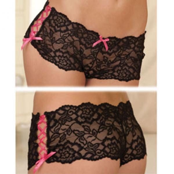 Lace Crotchless Boyleg Panty with Side Ties in Black M/L Rene Rofe Lingerie