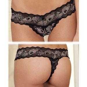 Crotchless Black Lace V-Thong for Small/Medium Rene Rofe Lingerie