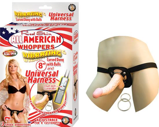 All American Whoppers 8 inches Vibrating Dong & Universal Harness Beige Nasstoys