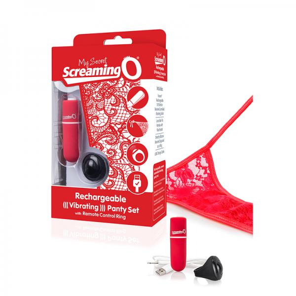 Red Remote-Controlled Rechargeable Vibrating Panty Set with Secret Pocket Screaming O