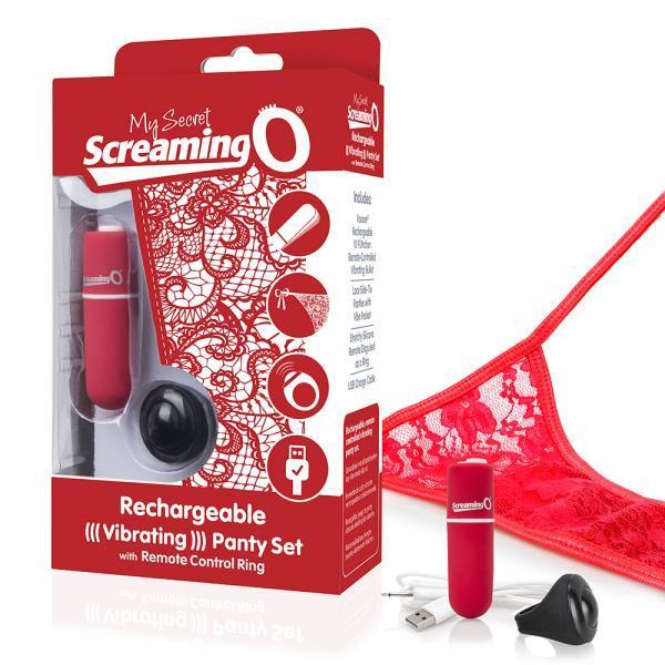 Red Remote-Controlled Rechargeable Vibrating Panty Set with Secret Pocket Screaming O