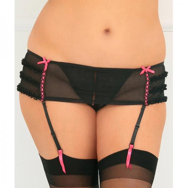 Tempting Crotchless Ruffle Garter Thong with Bows - Black 1X/2X Rene Rofe Lingerie