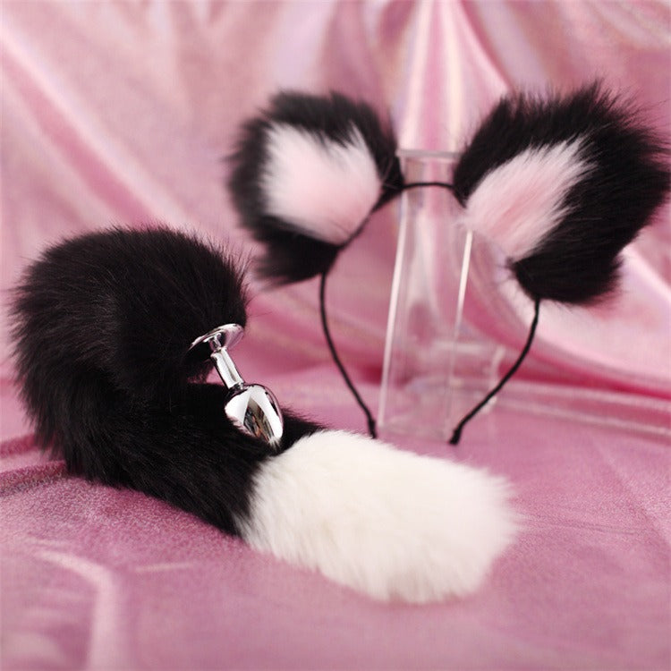 40cm black tailed white pointed bicolor fun plush hair clip with ear role-playing metal anal plug expansion - Random Unicorn