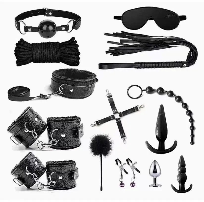 14-Piece Leather Plush Adult Bondage Set with Anal Plug