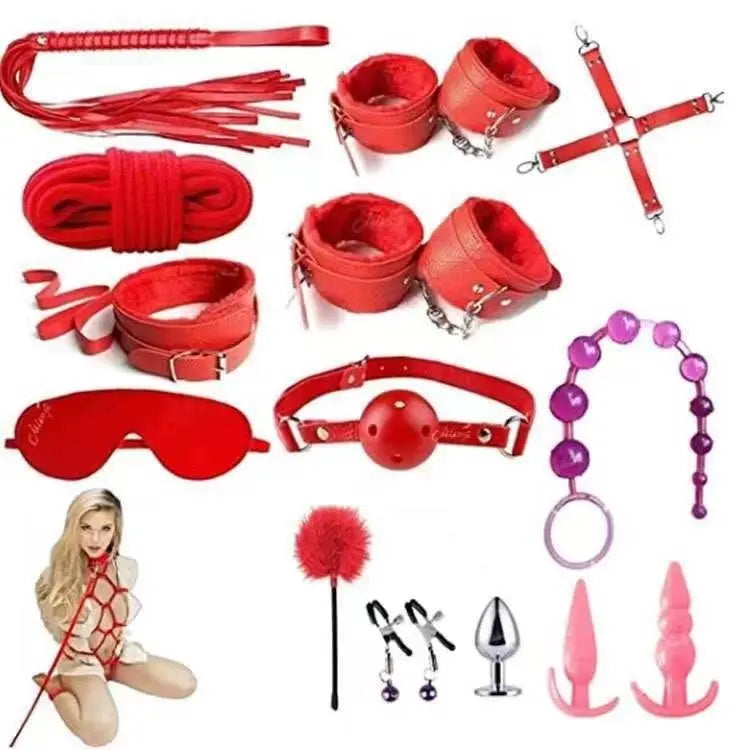 14-Piece Leather Plush Adult Bondage Set with Anal Plug