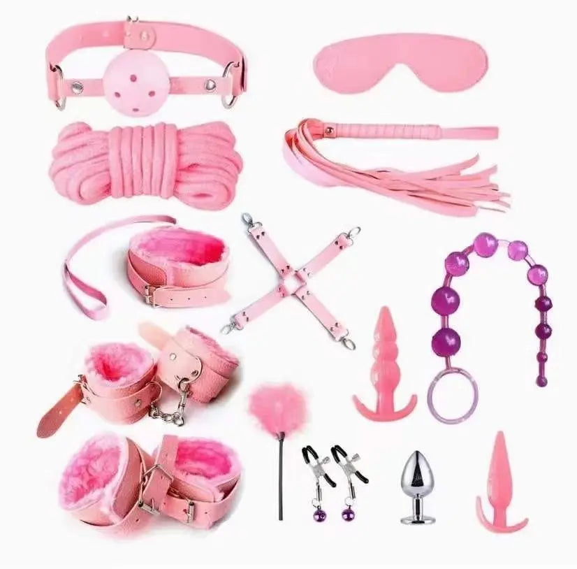 14-Piece Leather Plush Adult Bondage Set with Anal Plug