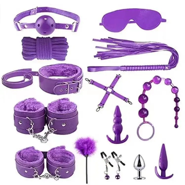 14-Piece Leather Plush Adult Bondage Set with Anal Plug