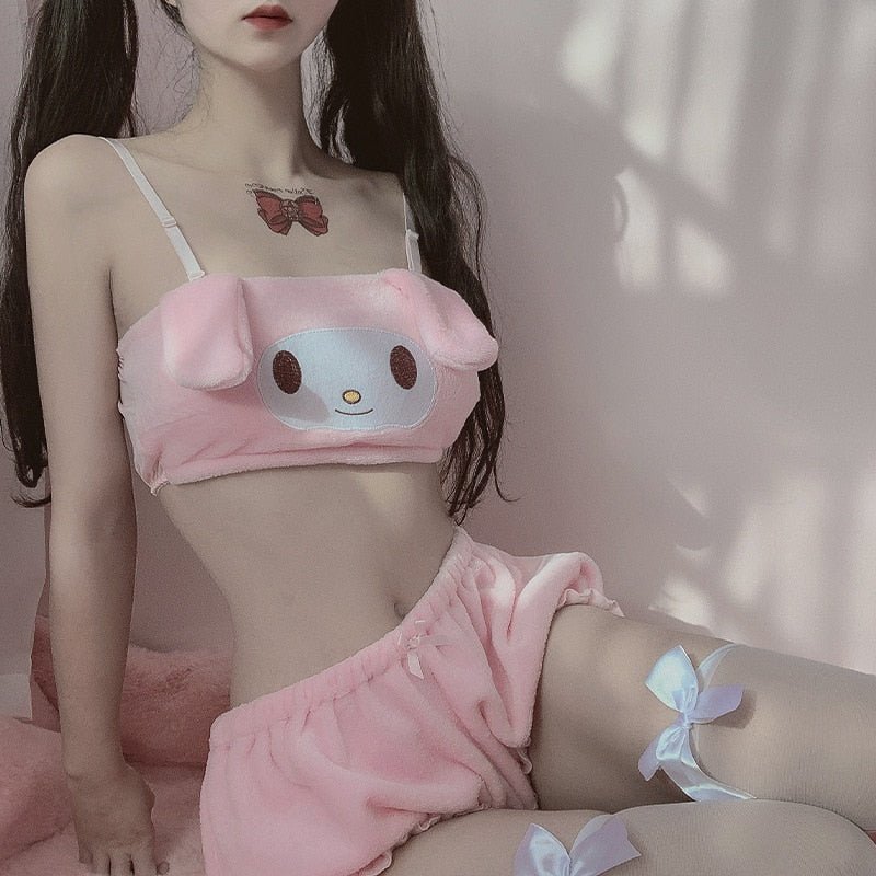 Cute Lingerie Animated Pattern Shoulder Straps Japanese Soft Girl Pink Black Milk Silk Plush Tube Top Pajamas Women Pajamas - Random Unicorn