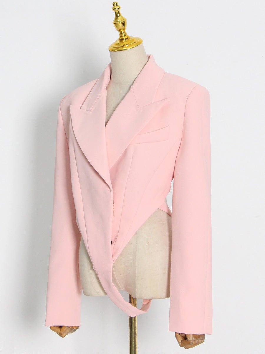 Design Sex Hollow Pink One-Piece Suit Autumn Lapel Long Sleeve Shoulder Pad Backless Slim Jacket - Random Unicorn