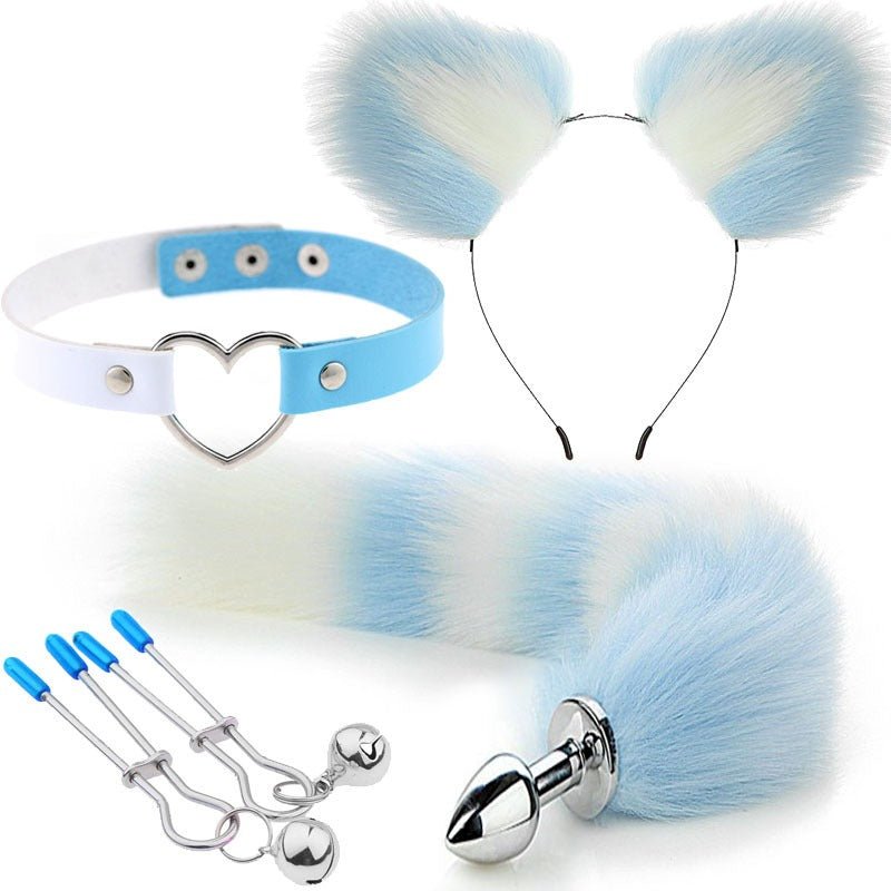 Erotic Ear Hairpin Posterior Anal Plugs Female Apparatus Sex Toys SM Metal Erotic Set Fox Tail 4 Pcs Set - Random Unicorn