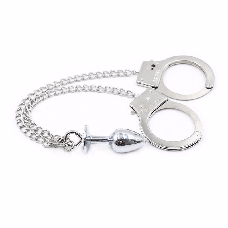 New Metal Bondage Sex Handcuffs Connect with Anal Plug Adult SM Sex Toys Bondage Fetish Sex Products - Random Unicorn