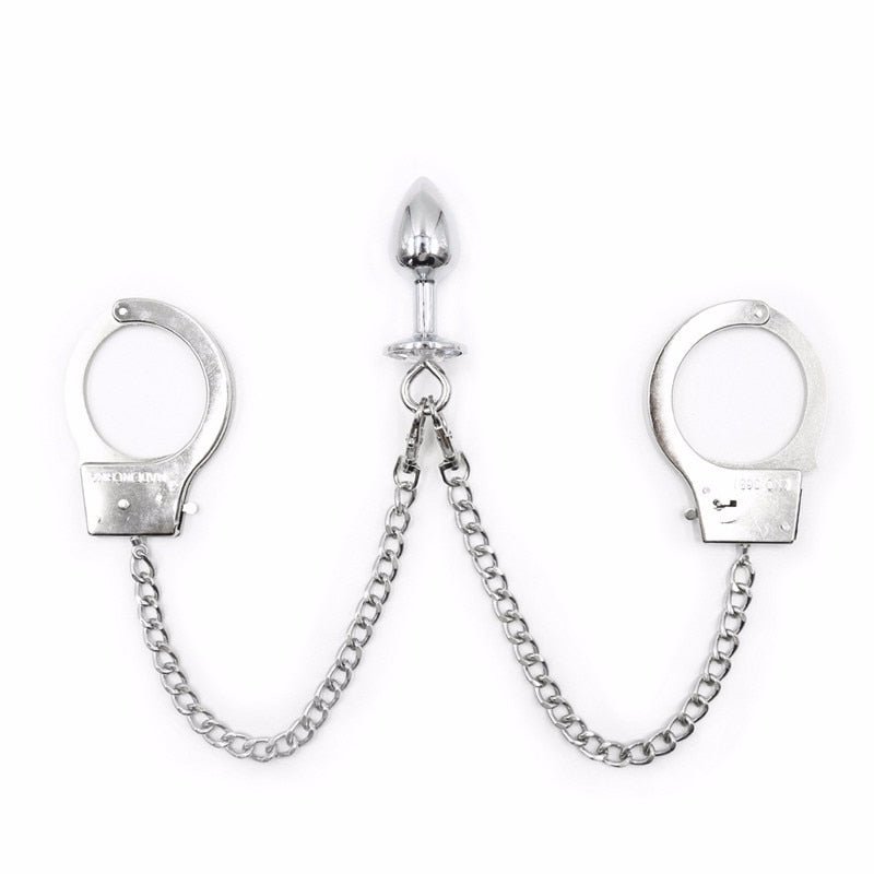 New Metal Bondage Sex Handcuffs Connect with Anal Plug Adult SM Sex Toys Bondage Fetish Sex Products - Random Unicorn