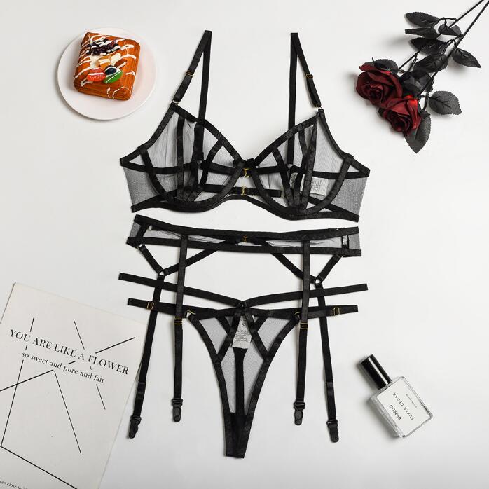 See Through Sexy Underwear Mesh Belt Hollow Stitching Sex Appeal Three Piece Suit - Random Unicorn