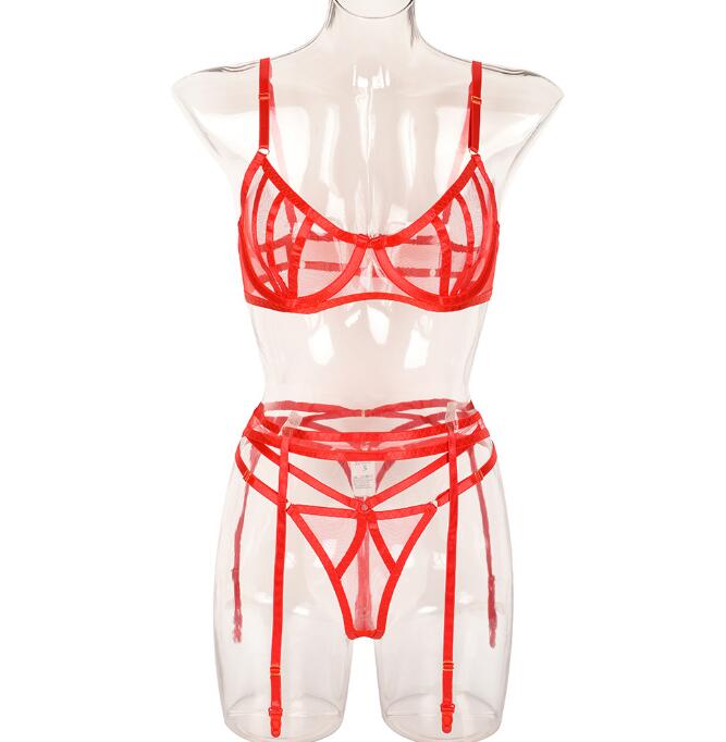 See Through Sexy Underwear Mesh Belt Hollow Stitching Sex Appeal Three Piece Suit - Random Unicorn