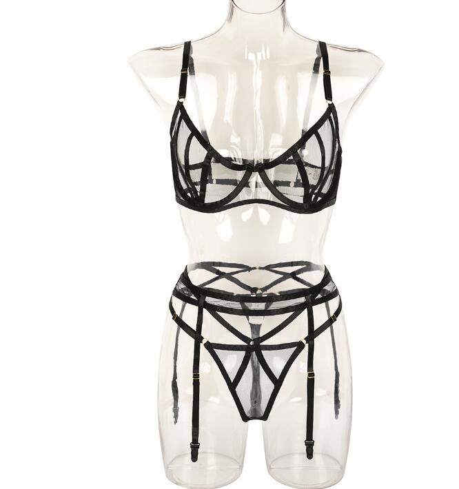 See Through Sexy Underwear Mesh Belt Hollow Stitching Sex Appeal Three Piece Suit - Random Unicorn