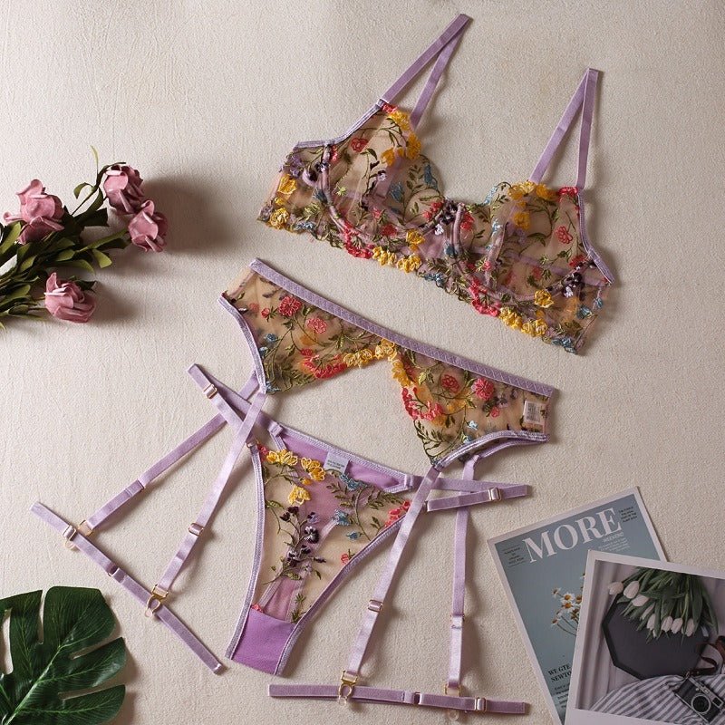 Sexy See-Through Yellow Garden Floral Bra Garter Belt Thong With Leg Ring 3-Piece Erotic Underwear Set - Random Unicorn