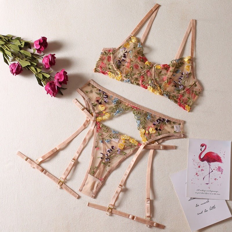 Sexy See-Through Yellow Garden Floral Bra Garter Belt Thong With Leg Ring 3-Piece Erotic Underwear Set - Random Unicorn