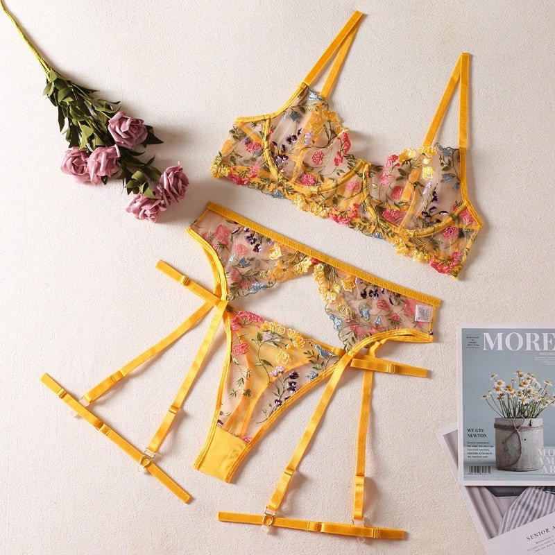 Sexy See-Through Yellow Garden Floral Bra Garter Belt Thong With Leg Ring 3-Piece Erotic Underwear Set - Random Unicorn